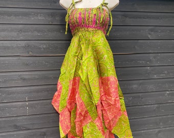 Freya Fairy Dress, Skirt or Top Adult Pink Green Fairy Dress - Repurposed Sari - Smocked Elasticated Panel - Adjustable shoulder straps