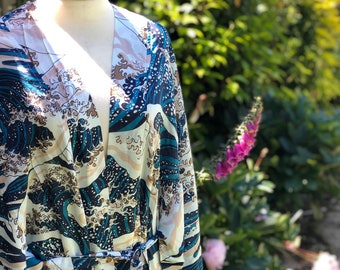 Kira Kimono Robe Wave Print with Pockets and Belt | Festival Kimono | 2 Sizes | Blue White | Summer Weight | Jacket Robe | 2 Lengths | Maxi