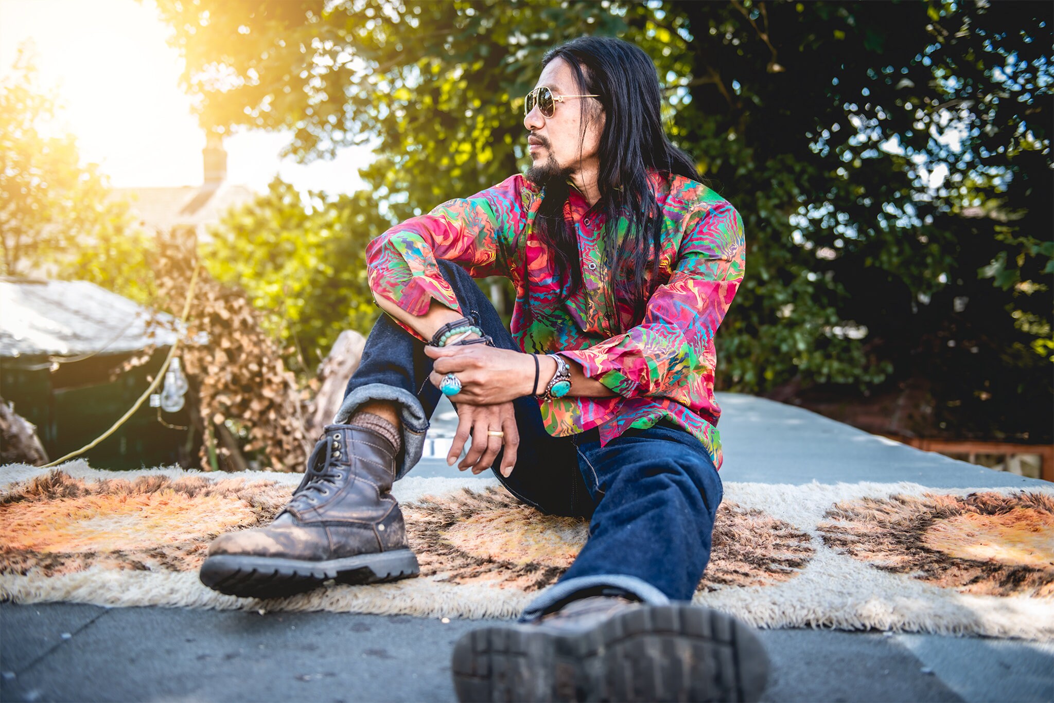 Image of Mens Vibrant Abstract Rainbow Long Sleeved Casual Fit Cotton Shirt. Inspired By Long Summer Nights & Festival Fun