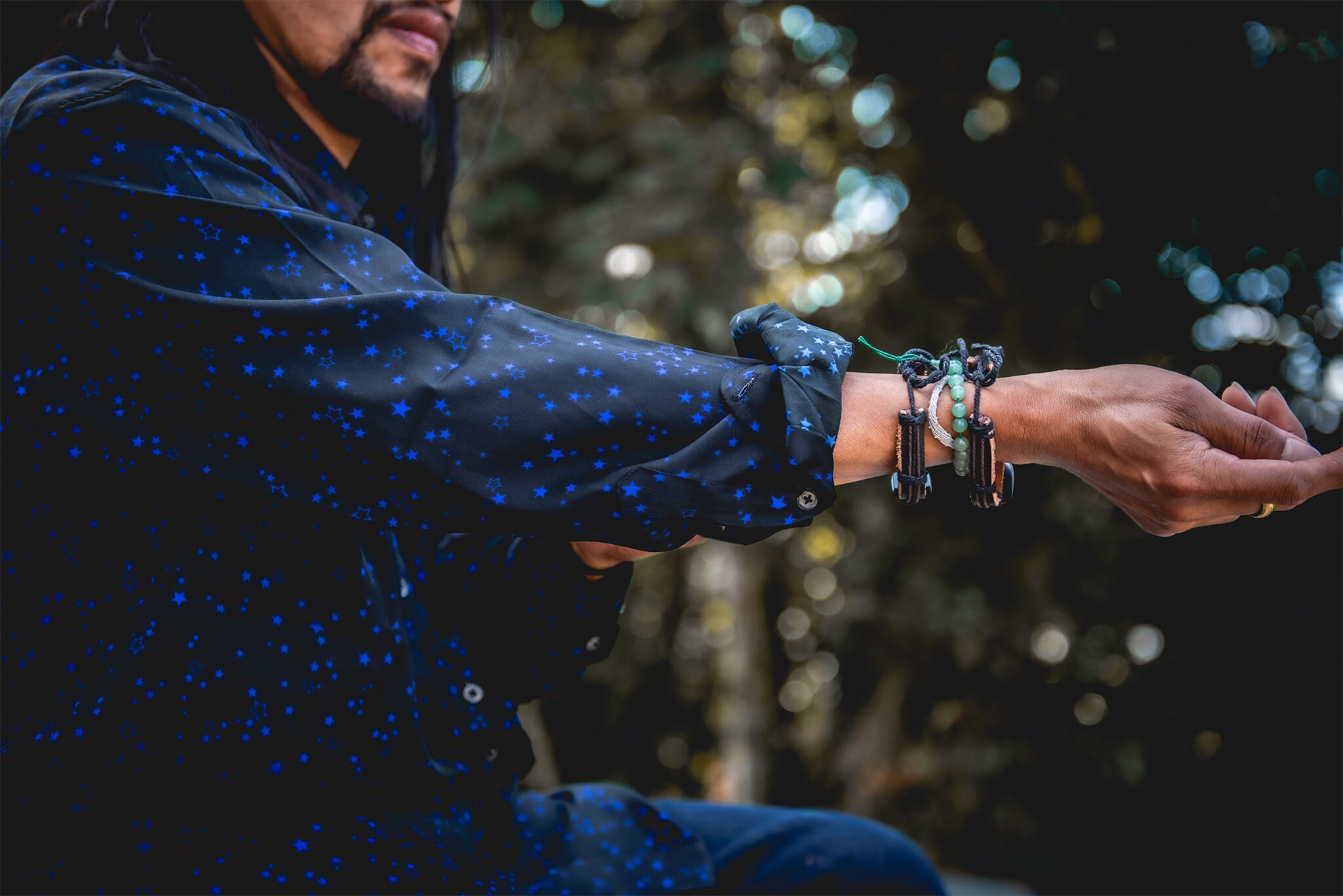 Image of Mens Casual Long Sleeved Loose Fit Shirt Black With Blue Stars