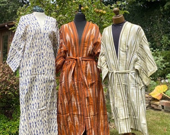 Kira Kimono Robe Khadi Handspun Cotton  Summer Kimono Jacket with Pockets and Belt Festival Summer Holiday Robe 2 sizes 2 lengths