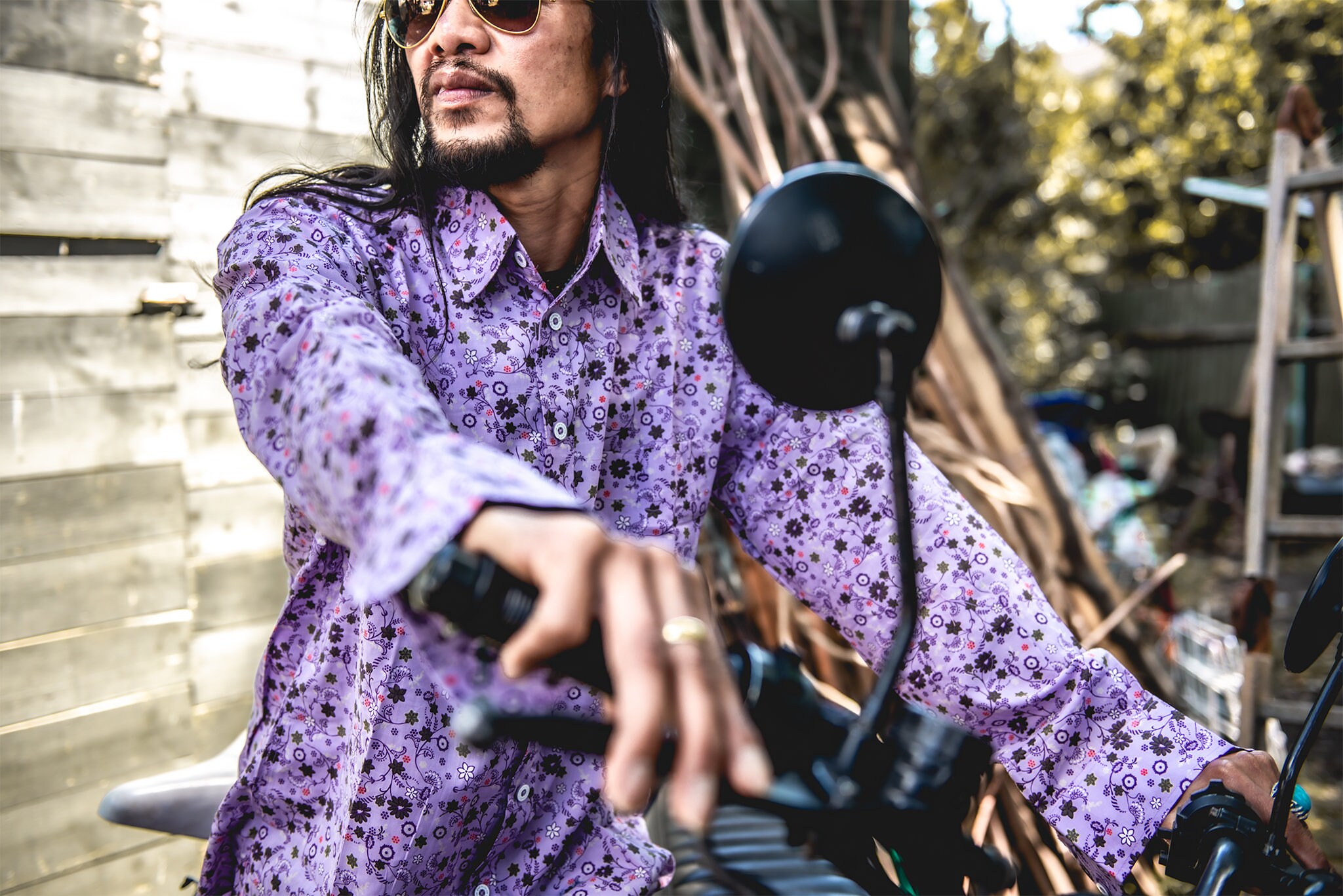 Image of Mens Casual Loose Fit Long Sleeved Cotton Purple Floral Shirt