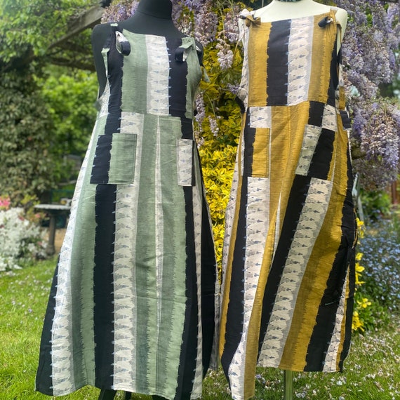 Sylvie Maxi Pini Longer Length Pinafore, Dungaree Dress Striped Ikat Summer  Maxi Dress Green Gold Black Neutral 2 Sizes 