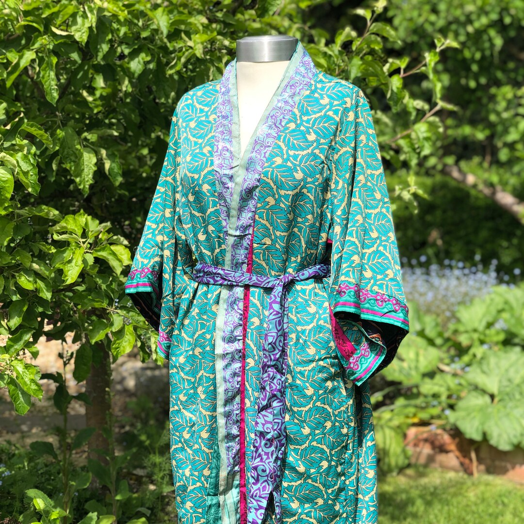 Ava Vintage Sari Kimono Style Robe Double Layer Fully Etsy