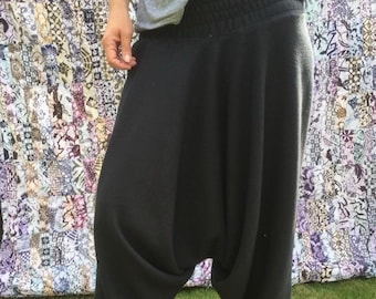 Fleece Harem Pants: Black Boho Drop Crotch Trousers