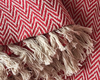 Recycled Cotton Blanket Red Cream Handwoven Chevron Pattern Throw