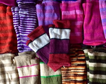 Gloves Adult Oversize Hand Warmers,  Burgundy Cream Black Wide Stripe Fleece Lined Fingerless Gloves