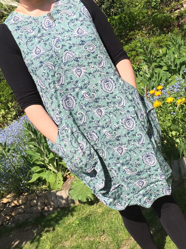 Image of Balloon Hem Tunic Length Dress Top, Cool Comfortable Block Print Rayon , One Size - Summer- Boho Festival Blue Paisley