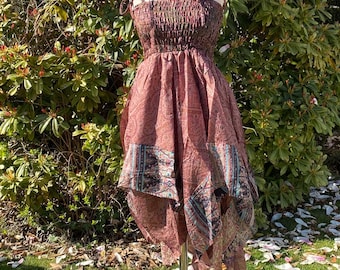 Repurposed Sari Dress: Smocked Fairy Dress with Handkerchief Hem