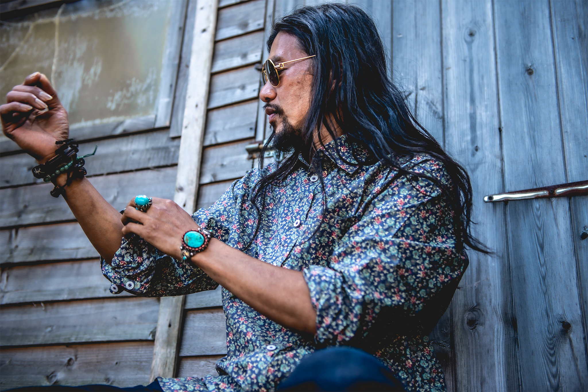 Image of Mens Long Sleeved Casual Loose Fit Cotton Shirt Grey Blue Floral