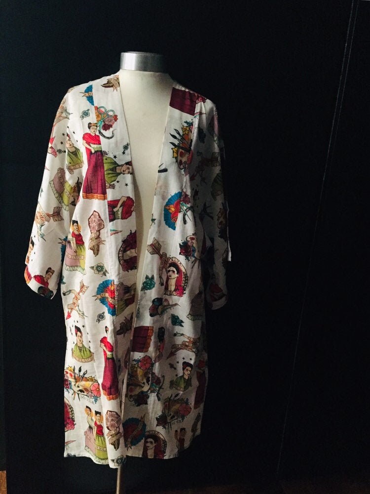 Image of Frida Kahlo Tattoo Print Cotton Kimono With Pockets & Belt. White Background Summer Weight Jacket Robe House Coat Loungewear