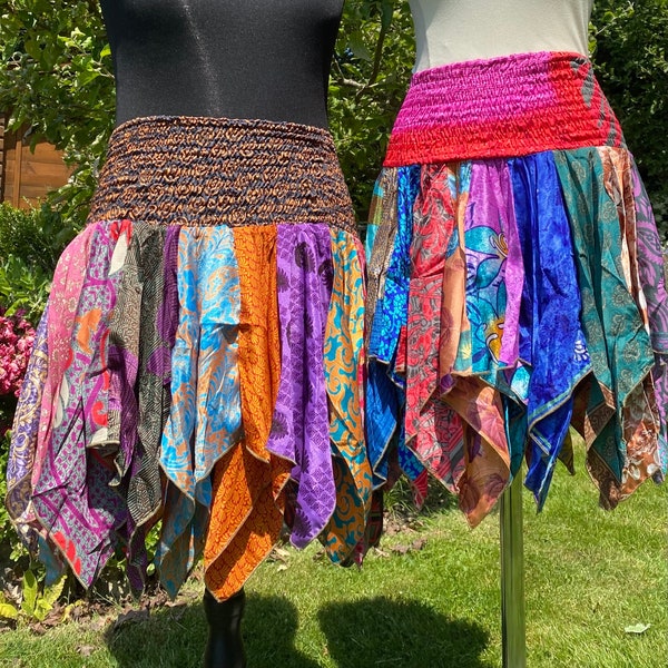 Goldie Short Scrap Skirt - Vintage Sari Patchwork Handkerchief Hem Fairy Festival Mini Skirt Plus Size Cottagecore Fae Renfair Cosplay