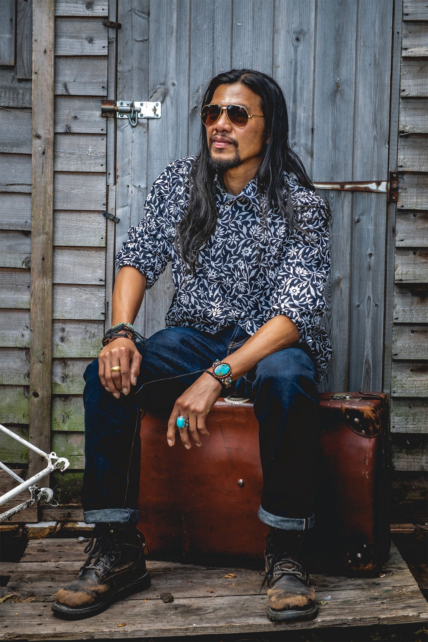 Image of Mens Cotton Long Sleeved Loose Fit Shirt - Black With White Floral Print