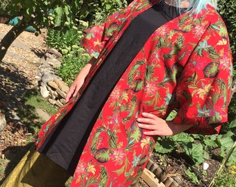 Kira Kimono Robe Tropical Red Print Cotton Kimono with Pockets and Belt. Summer Festival Kimono