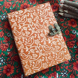 Lovebird Notebook Journal - Large- Embossed Leather Song Bird Musical Note Design. Handmade Paper Ethically Sourced. Metal Clasp