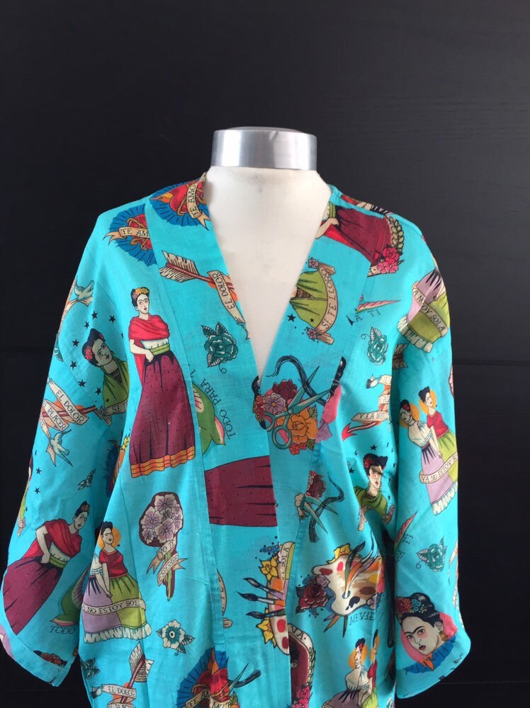 Image of Frida Kahlo Tattoo Print Cotton Kimono With Pockets & Belt. Blue Background Summer Weight Jacket Robe House Coat Loungewear