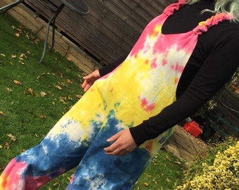 Rainbow Tie Dye Cotton Twill Dungarees: Boho Romper Jumpsuit
