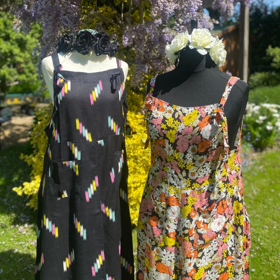 Sylvie Maxi Pini Longer Length Pinafore, Dungaree Dress Summer Maxi Dress  Retro Floral Black 2 Sizes 