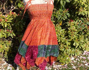 Repurposed Sari Dress: Adult Fairy Smocked Handkerchief Hem