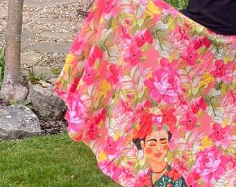 Frankie Full Length Maxi Skirt with Harem Style Waistband - Frida Kahlo Floral - Flamingo - Yellow Rose with Pockets