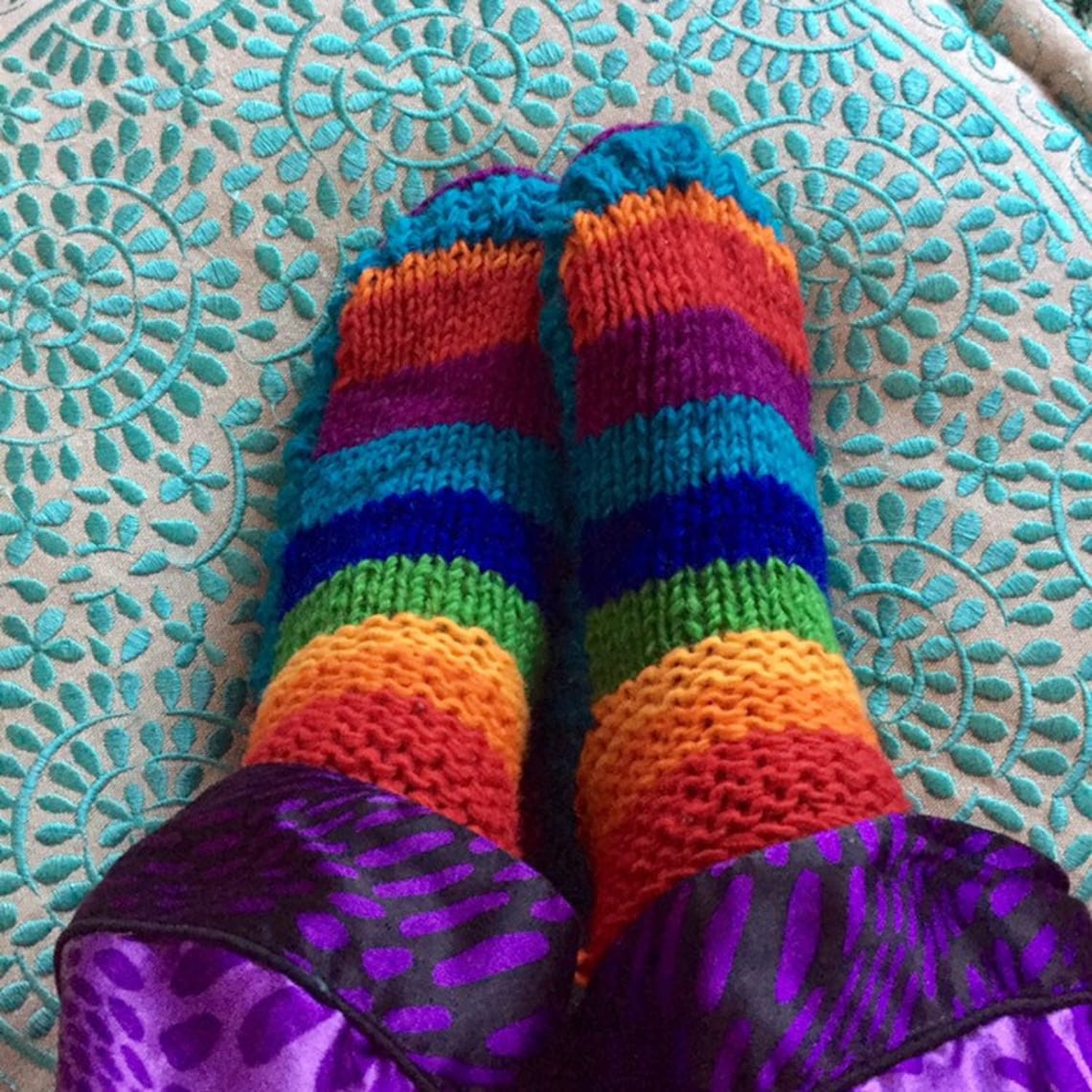 Slipper Socks Fleece Lined Adult Rainbow Chunky Wool Knitted | Etsy