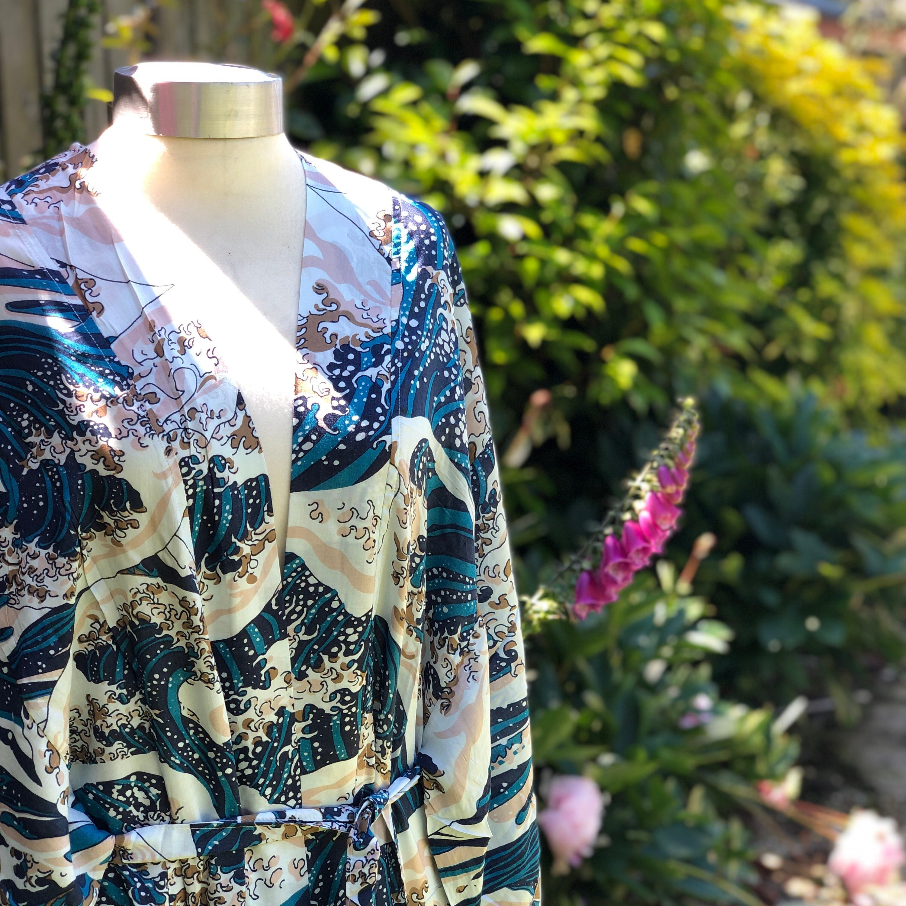 Kira Kimono Robe Wave Print With Pockets and Belt Festival Kimono 2 Sizes  Blue White Summer Weight Jacket Robe 2 Lengths Maxi 