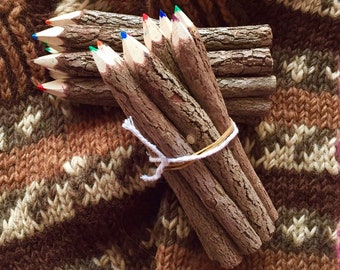 10 Twig Pencils Hand Carved Multi Coloured Bundle Ethically Sourced - Wooden Pencils - Kids and Adult Colouring - 2 Sizes