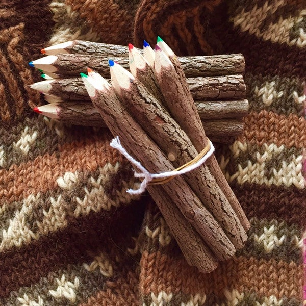 10 Twig Pencils Hand Carved Multi Coloured Bundle Ethically Sourced - Wooden Pencils - Kids and Adult Colouring - 2 Sizes