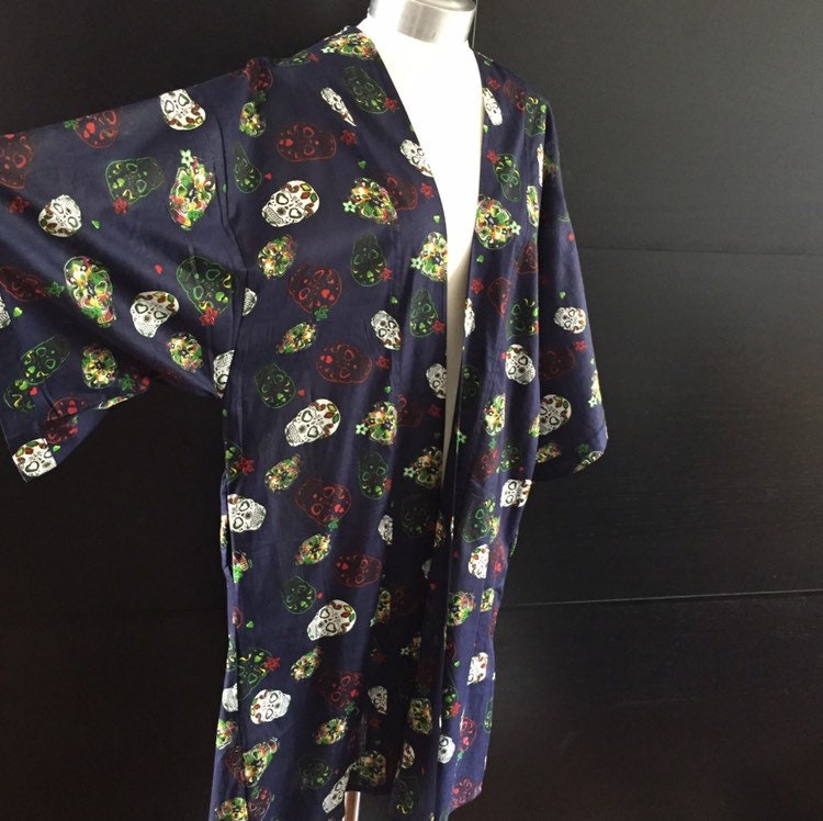 Image of Navy Sugar Skull Print Cotton Kimono With Pockets & Belt. Summer Weight Jacket Robe House Coat Loungewear