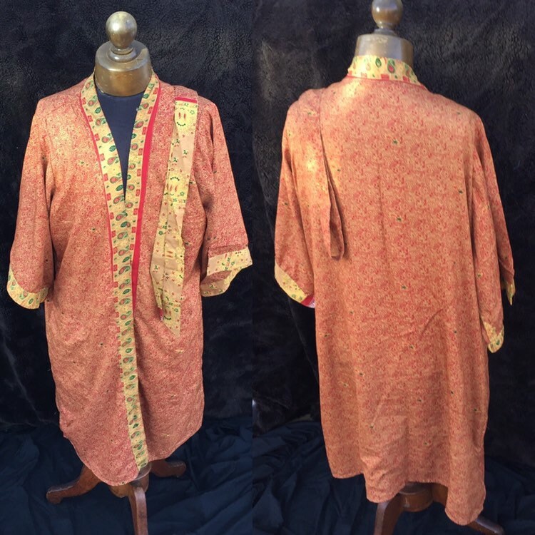 Image of Vintage Sari Silk Robe - Double Layer Reversible House Coat Loungewear Kimono