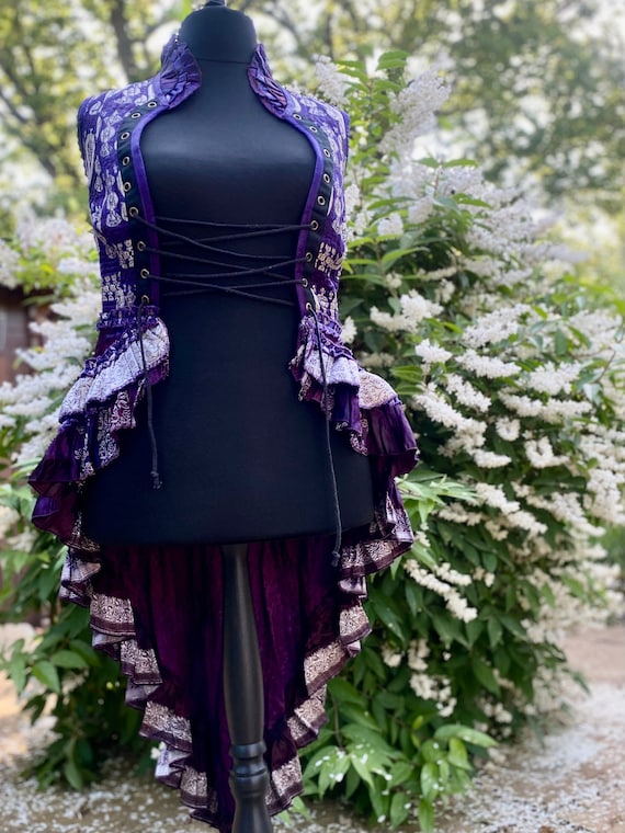 Aria - L- Vintage Brocade Sari Over Dress Purple Silver Brocade  