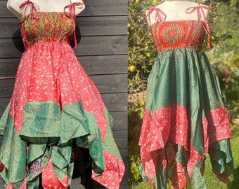 Freya Fairy Dress, Skirt or Top Green Dress - Repurposed Sari - Smocked Elasticated Panel - Adjustable shoulder straps - Handkerchief Hem