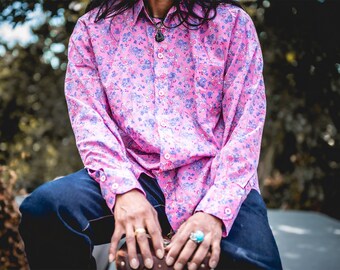 Mens Casual Loose Fit Long Sleeved Cotton Shirt Pink Floral