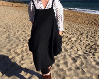 Black Flax Balloon Hem Dress: Boho Summer Cotton Sundress