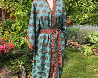 Ava - Vintage Sari Kimono Style Robe - Double Layer Fully Reversible - Light Duster Coat - With Pockets