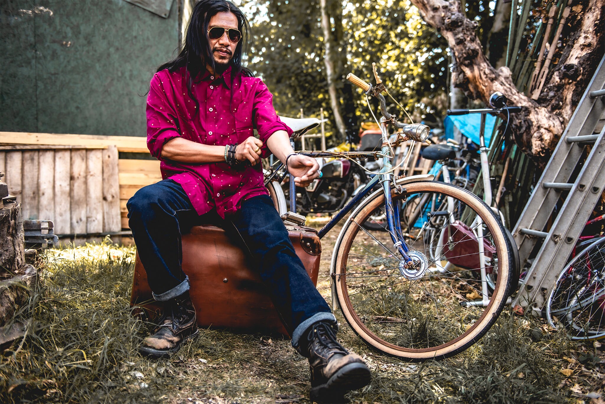 Image of Mens Casual Long Sleeved Loose Fit Cotton Shirt Red With Pink & Yellow Stars