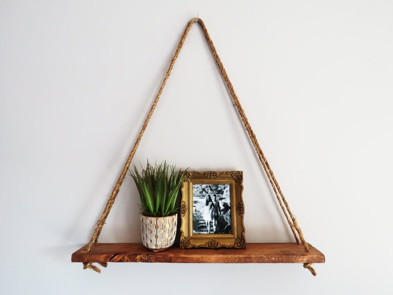 Hanging Triangle Shelf Wall Decor Apartment Rope Color Options Wooden Lightweight Nautical Rustic Geometric