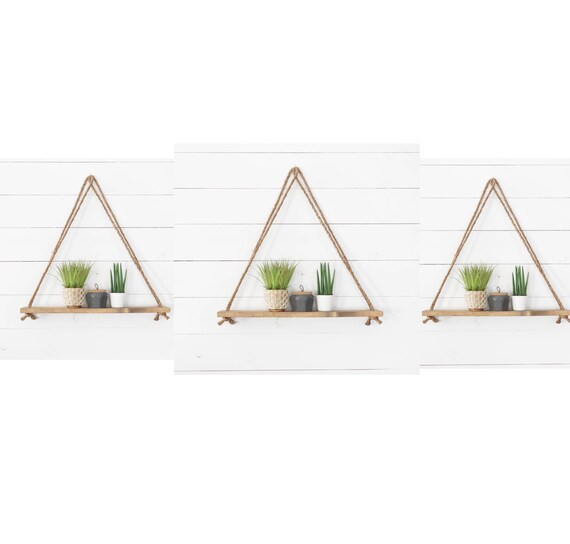 Set Of 3 Triangle Hanging Shelf Succulent Wall Decor Rope Knick Knack Rustic Home Dorm Room