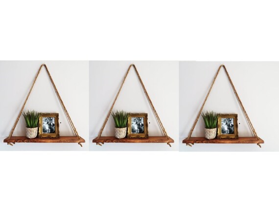 Set Of 3 Triangle Hanging Shelf Succulent Wall Decor Rope Knick Knack Rustic Home Dorm Room