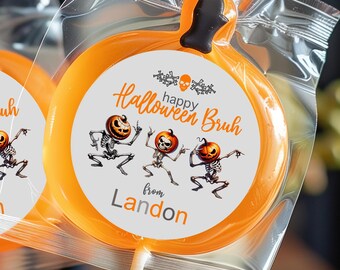 Happy Halloween Bruh sticker with Skeletons, Personalized Halloween Skeleton Pumpkin Candy labels for Boy Classmates, Friend, Boys, Bros