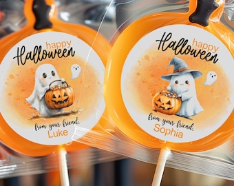 Cute Ghost Happy Halloween personalized stickers with watercolor boy or girl ghost accent, for Halloween treats