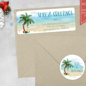 Beach Christmas Address Label, Christmas Return Address, Seas and Greetings stickers, Mele Kalikimaka, Holiday,Nautical,Tropical,Ocean,Palm