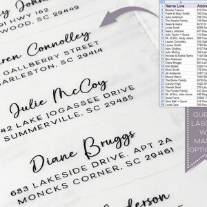 May include: A spreadsheet with a list of names and addresses. The spreadsheet is titled "Guest Labels w/ Many Options".