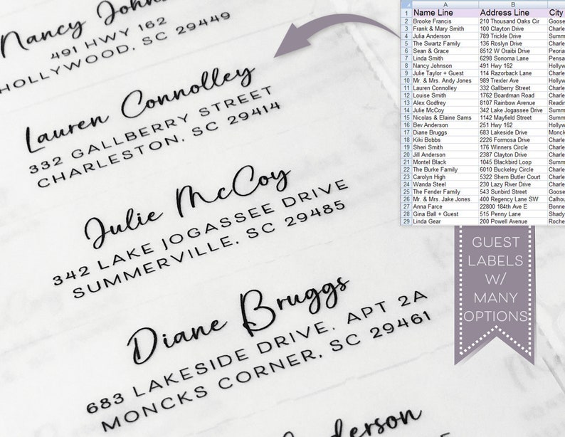 May include: A spreadsheet with a list of names and addresses. The spreadsheet is titled "Guest Labels w/ Many Options".