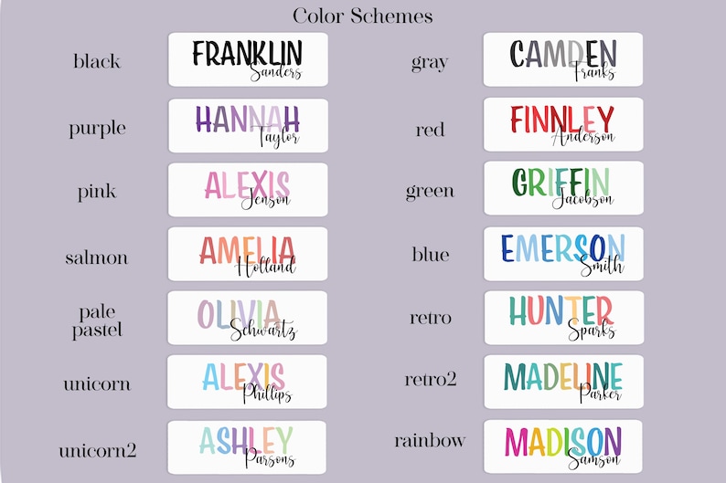 Pu&ograve; includere: Una tabella colori che mostra quattordici etichette rettangolari con varie combinazioni di nomi. Ogni etichetta presenta uno schema di colori e uno stile di carattere unici, tra cui nero, viola, rosa, salmone, pastello, unicorno, unicorno2, grigio, rosso, verde, blu, retro, retro2 e arcobaleno.