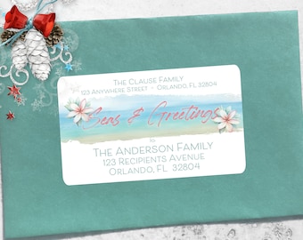 Beach Christmas Recipient Address Label for Holiday Cards, Tropical Guest Address Sticker, 2x4, 2.5x4, Includes Recipient and Return Address