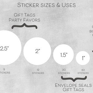May include: A chart showing different sizes of round stickers and their uses. The sizes are 2.5 inches, 2 inches, 1.5 inches, 1 inch, and 3/4 inch. The uses are gift tags, party favors, candy bottoms, envelope seals, and gift tags.