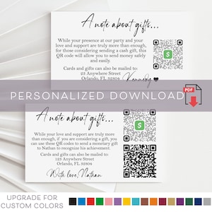Carte-cadeau pour l'obtention du diplôme, téléchargement PDF, carte cadeau avec code QR imprimable, liste de cadeaux pour les diplômés, promotion 2025
