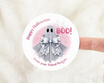 Cute Lace Coquette Ghost Halloween personalized stickers with Happy Halloween Boo saying, for Halloween treats