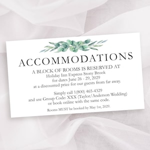 Printed Hotel Block Insert Card, Accommodations Information card, Lodging Info Enclosure Card, Eucalyptus sage green greenery, 2"x3.5"